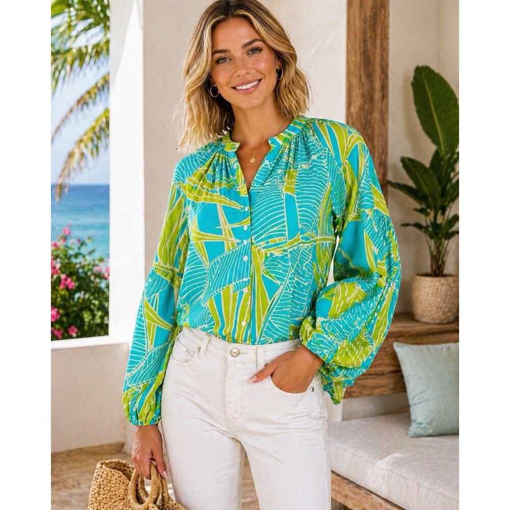 Olivia James Emory Top Breeze Palm Print Blouse Small Resort Cotton